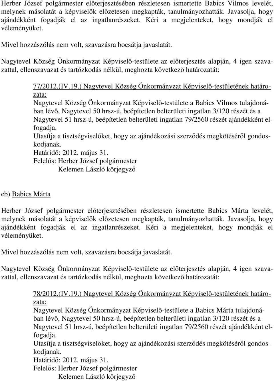 ellenszavazat és tartózkodás nélkül, meghozta következő határozatát: 77/2012.(IV.19.