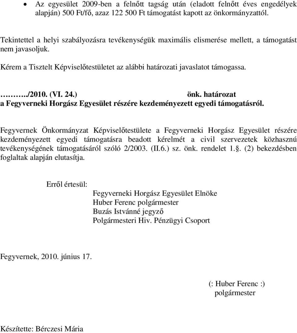 24.) önk. határozat a Fegyverneki Horgász Egyesület részére kezdeményezett egyedi támogatásról.