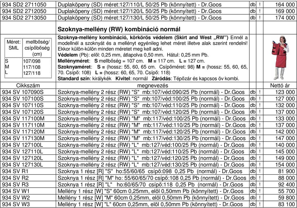 174 000 Méret: SML S M L mellbőség/ csípőbőség 107/098 117/108 127/118 Szoknya-mellény (RW) kombináció normál Szoknya-mellény kombináció, körkörös védelem (Skirt and West RW ) Ennél a modellnél a