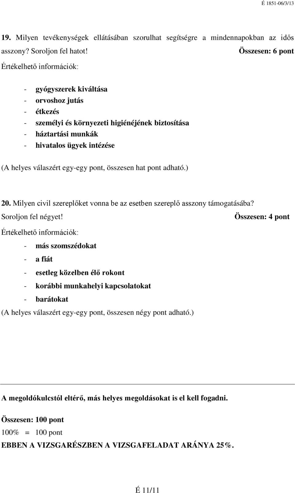 pont, összesen hat pont adható.) 20. Milyen civil szereplőket vonna be az esetben szereplő asszony támogatásába? Soroljon fel négyet!