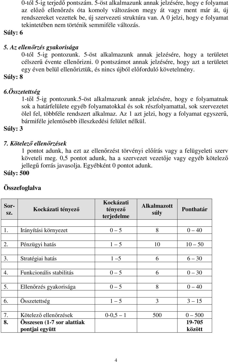 A 0 jelzi, hogy e folyamat tekintetében nem történik semmiféle változás. Súly: 6 5. Az ellenőrzés gyakorisága 0-tól 5-ig pontozunk.