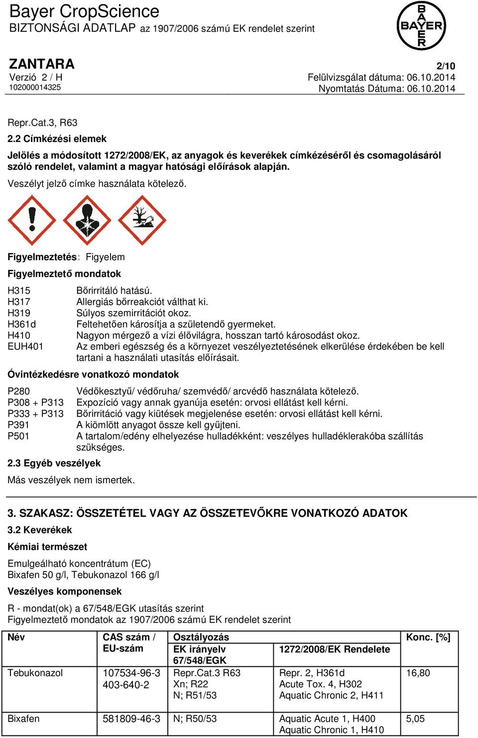 Veszélyt jelző címke használata kötelező. Figyelmeztetés: Figyelem Figyelmeztető mondatok H315 H317 H319 H361d H410 EUH401 Bőrirritáló hatású. Allergiás bőrreakciót válthat ki.