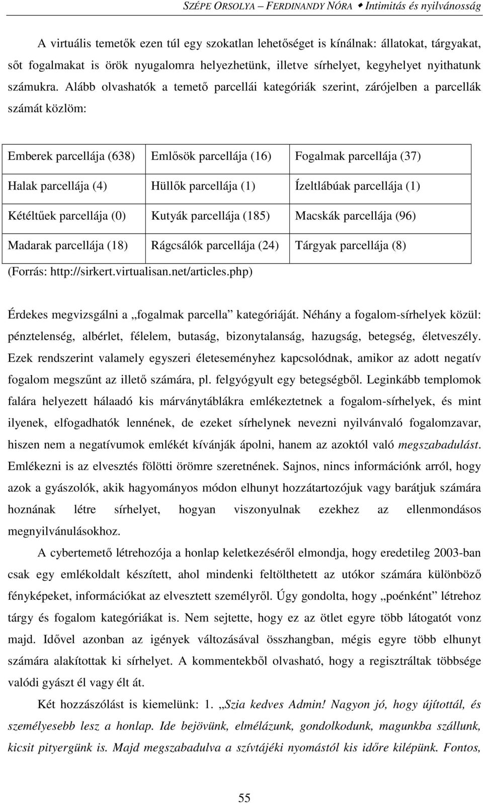 Alább olvashatók a temető parcellái kategóriák szerint, zárójelben a parcellák számát közlöm: Emberek parcellája (638) Emlősök parcellája (16) Fogalmak parcellája (37) Halak parcellája (4) Hüllők