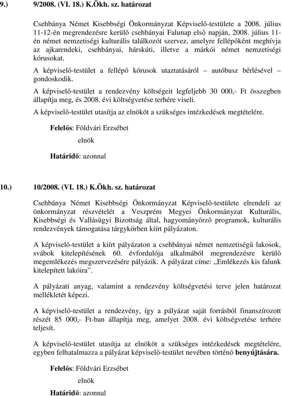 A képviselő-testület a fellépő kórusok utaztatásáról autóbusz bérlésével gondoskodik. A képviselő-testület a rendezvény költségeit legfeljebb 30 000,- Ft összegben állapítja meg, és 2008.