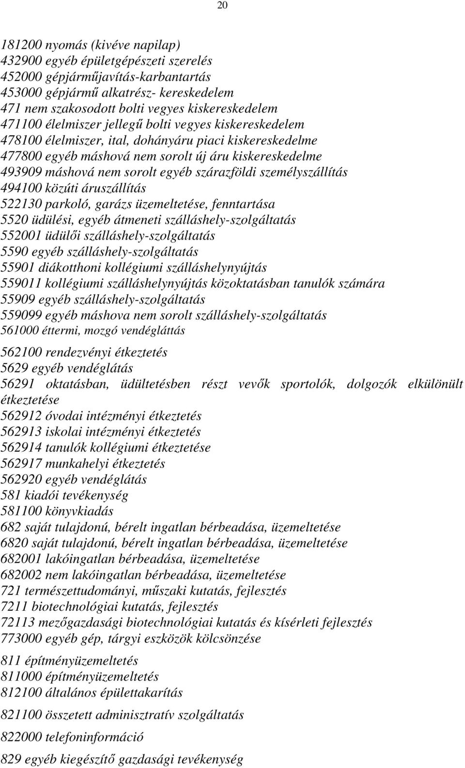 szárazföldi személyszállítás 494100 közúti áruszállítás 522130 parkoló, garázs üzemeltetése, fenntartása 5520 üdülési, egyéb átmeneti szálláshely-szolgáltatás 552001 üdülői szálláshely-szolgáltatás