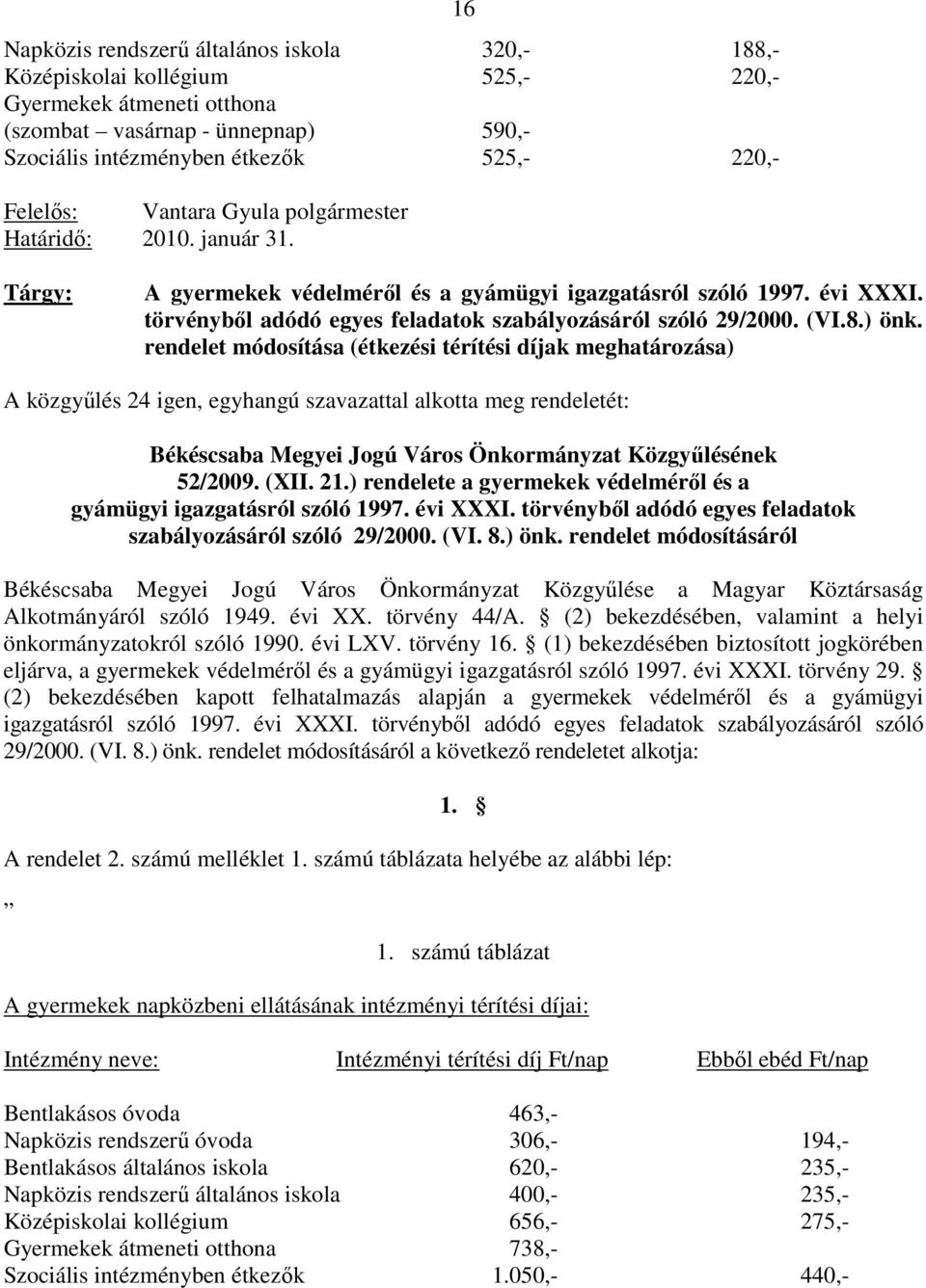 rendelet módosítása (étkezési térítési díjak meghatározása) A közgyőlés 24 igen, egyhangú szavazattal alkotta meg rendeletét: Békéscsaba Megyei Jogú Város Önkormányzat Közgyőlésének 52/2009. (XII. 21.