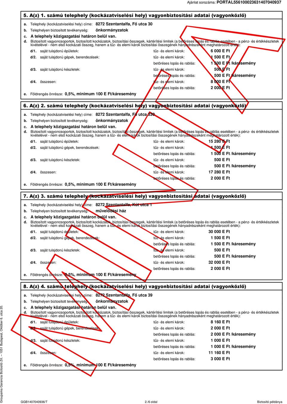 összesen: tűz- és elemi károk: 8 000 E Ft 1 2 000 E Ft 6. A(z) 2. számú telephely (kockázatviselési hely) vagyonbiztosítási adatai (vagyonközlő) a.