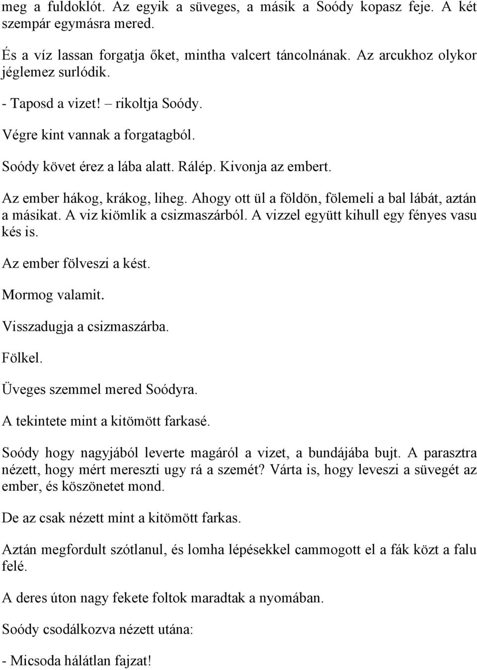 Ahogy ott ül a földön, fölemeli a bal lábát, aztán a másikat. A viz kiömlik a csizmaszárból. A vizzel együtt kihull egy fényes vasu kés is. Az ember fölveszi a kést. Mormog valamit.