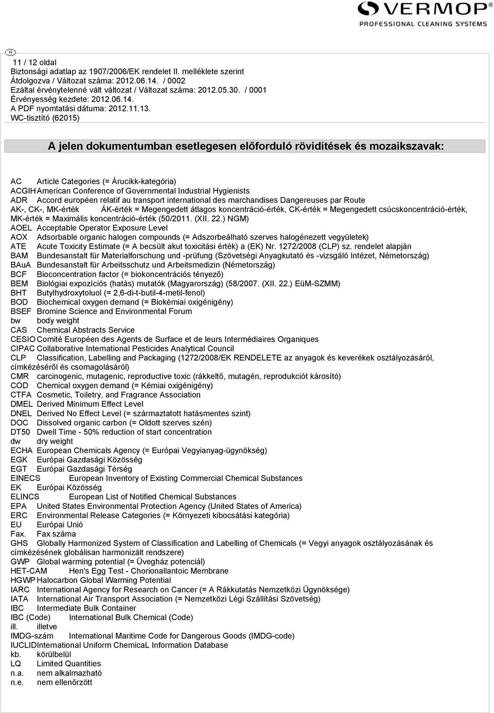 csúcskoncentráció-érték, MK-érték = Maximális koncentráció-érték (50/2011. (XII. 22.