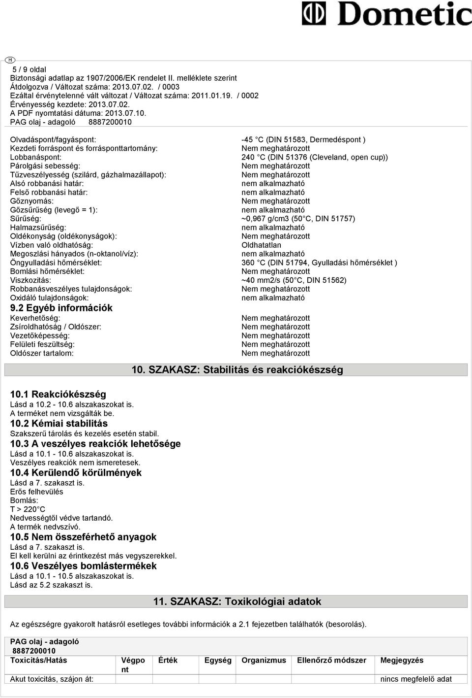 (oldékonyságok): Vízben való oldhatóság: Oldhatatlan Megoszlási hányados (n-oktanol/víz): Öngyulladási hőmérséklet: 360 C (DIN 51794, Gyulladási hőmérséklet ) Bomlási hőmérséklet: Viszkozitás: ~40