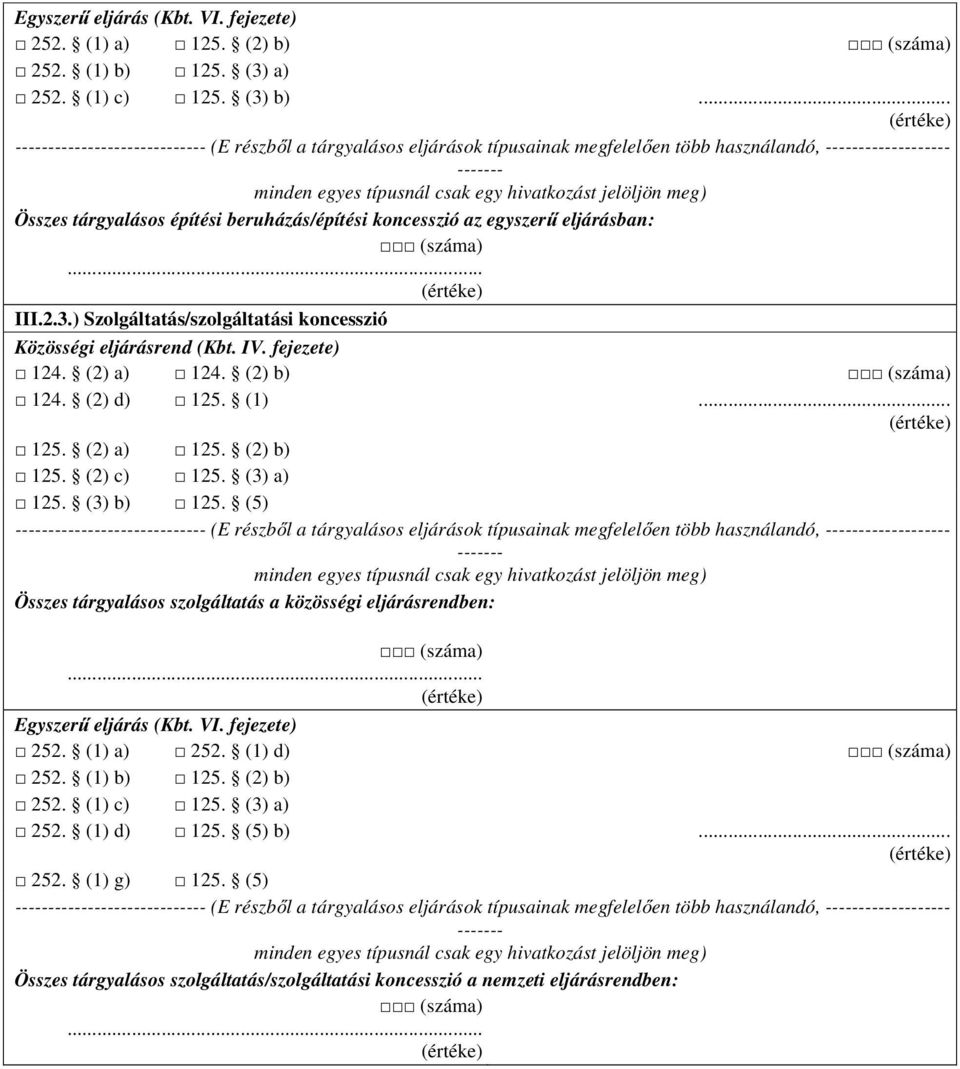) Szolgáltatás/szolgáltatási koncesszió 124. (2) a) 124. (2) b) 124. (2) d) 125. (1)... 125. (2) a) 125. (2) b) 125. (2) c) 125. (3) a) 125. (3) b) 125.