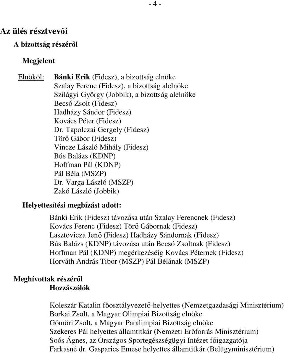 Tapolczai Gergely (Fidesz) Törő Gábor (Fidesz) Vincze László Mihály (Fidesz) Bús Balázs (KDNP) Hoffman Pál (KDNP) Pál Béla (MSZP) Dr.
