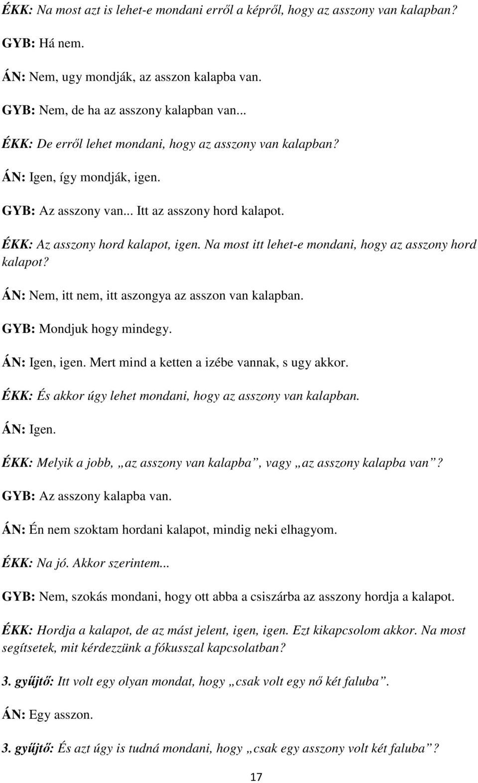 Na most itt lehet-e mondani, hogy az asszony hord kalapot? ÁN: Nem, itt nem, itt aszongya az asszon van kalapban. GYB: Mondjuk hogy mindegy. ÁN: Igen, igen.