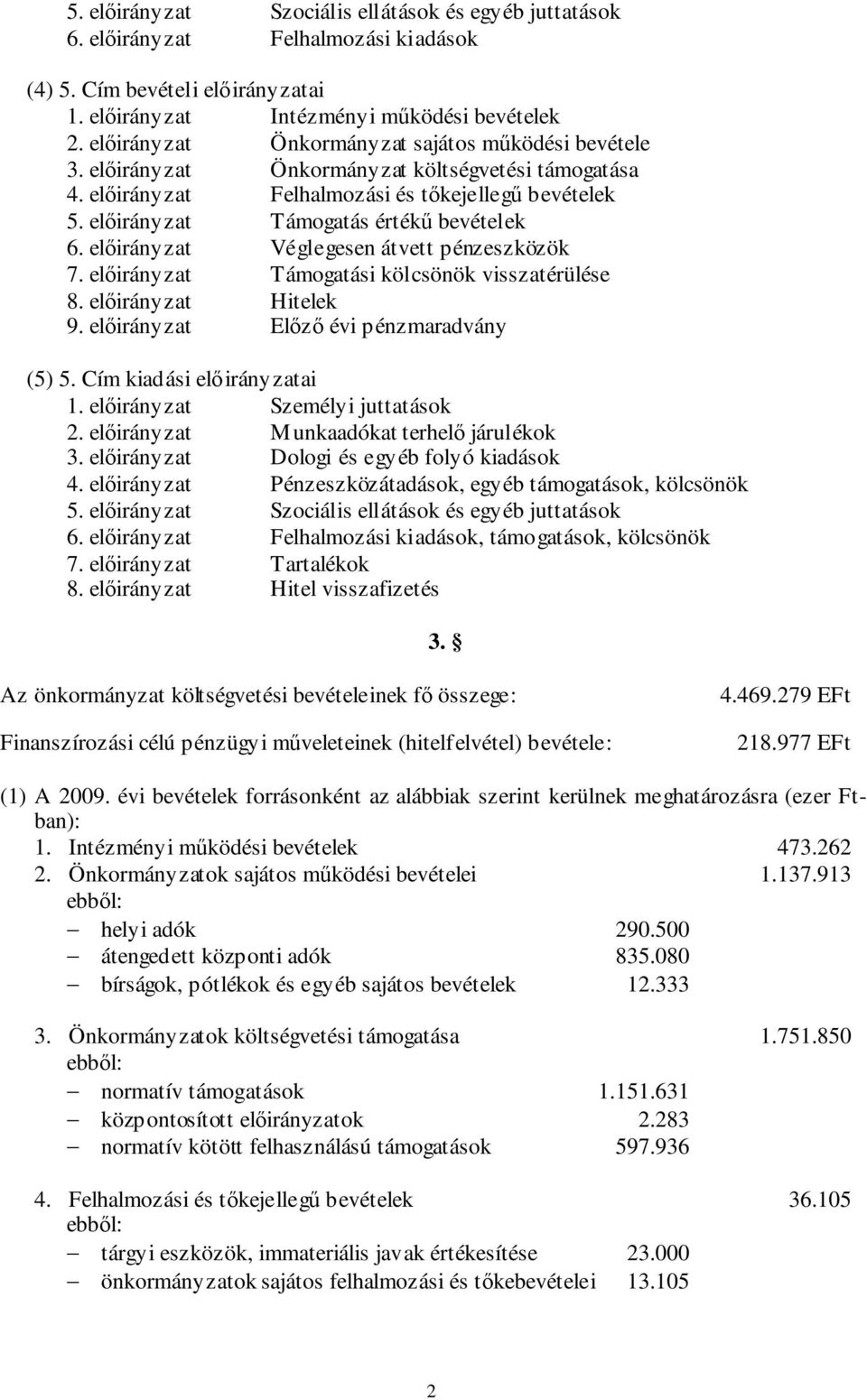 előirányzat Támogatás értékű bevételek 6. előirányzat Véglegesen átvett pénzeszközök 7. előirányzat Támogatási kölcsönök visszatérülése 8. előirányzat Hitelek 9.