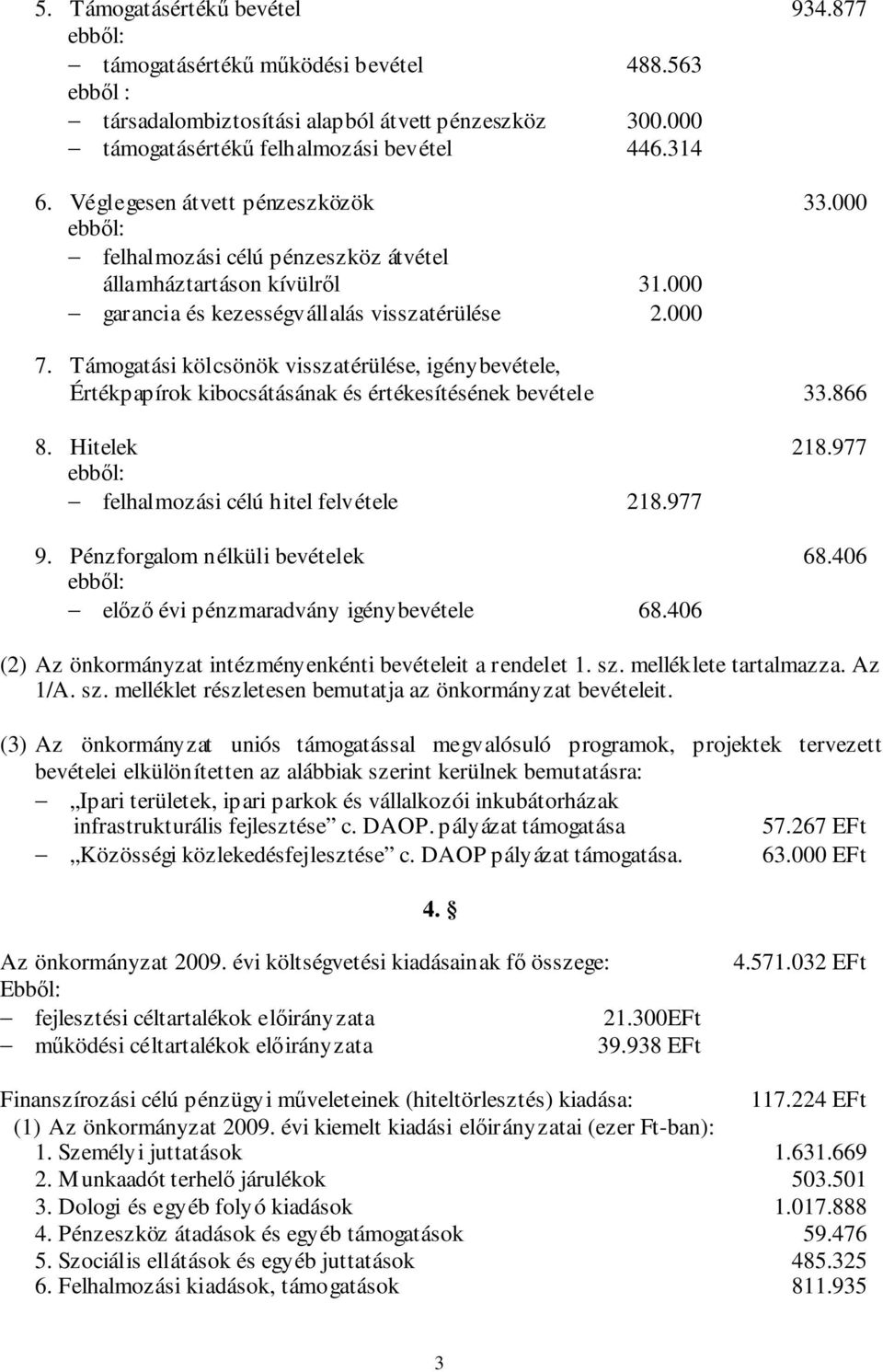 Támogatási kölcsönök visszatérülése, igénybevétele, Értékpapírok kibocsátásának és értékesítésének bevétele 33.866 8. Hitelek 218.977 ebből: felhalmozási célú hitel felvétele 218.977 9.