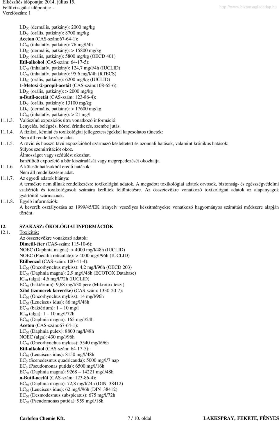 mg/kg (IUCLID) 1-Metoxi-2-propil-acetát (CAS-szám:108-65-6): LD 50 (orális, patkány): > 2000 mg/kg n-butil-acetát (CAS-szám: 123-86-4): LD 50 (orális, patkány): 13100 mg/kg LD 50 (dermális, patkány):