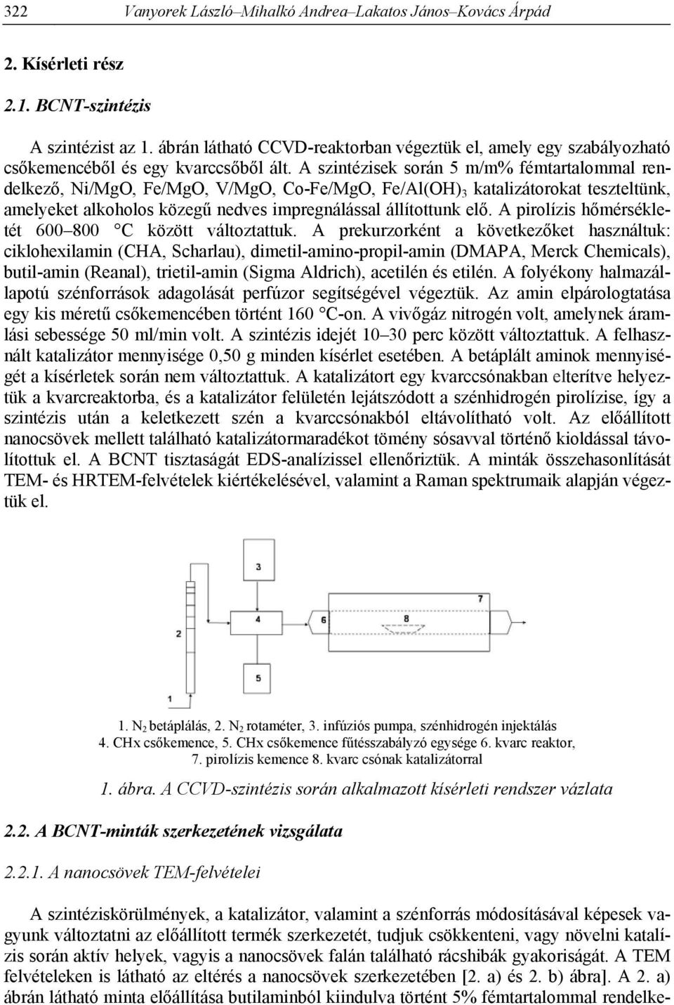 A szintézisek során 5 m/m% fémtartalommal rendelkező, Ni/MgO, Fe/MgO, V/MgO, Co-Fe/MgO, Fe/Al(OH) 3 katalizátorokat teszteltünk, amelyeket alkoholos közegű nedves impregnálással állítottunk elő.