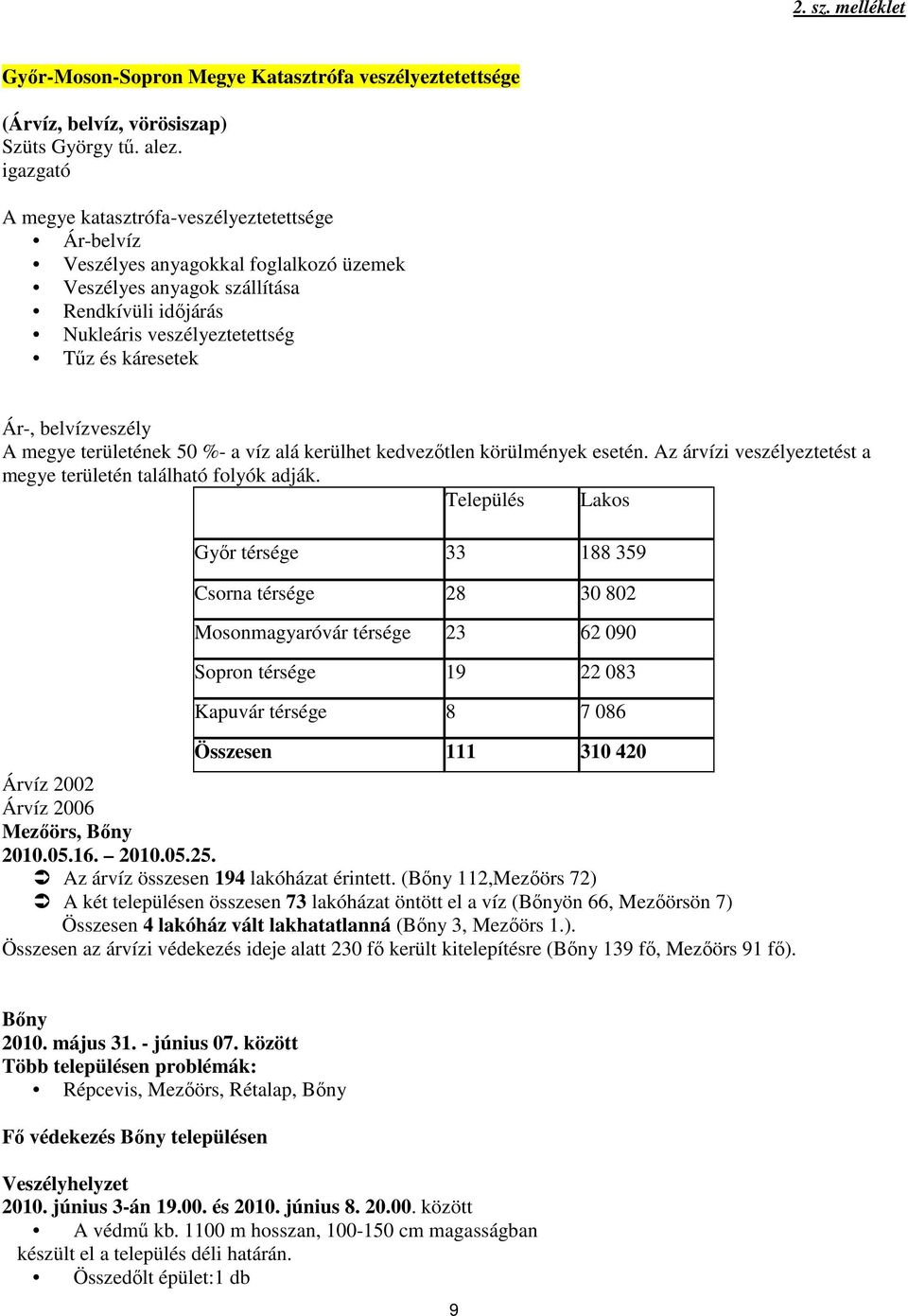 belvízveszély A megye területének 50 %- a víz alá kerülhet kedvezıtlen körülmények esetén. Az árvízi veszélyeztetést a megye területén található folyók adják.