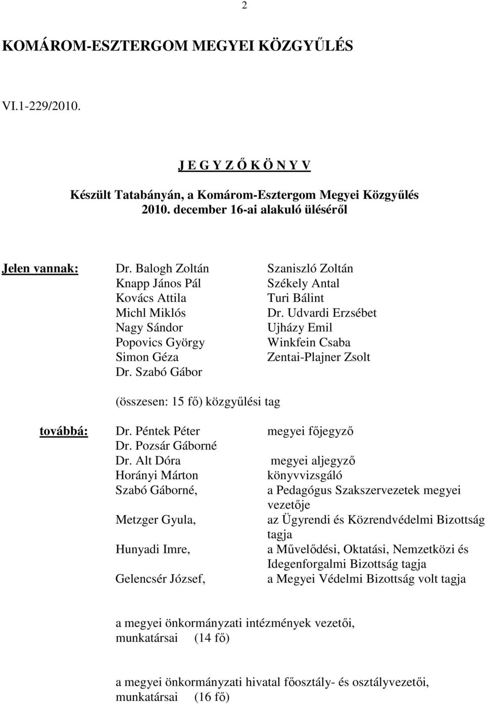 Udvardi Erzsébet Nagy Sándor Ujházy Emil Popovics György Winkfein Csaba Simon Géza Zentai-Plajner Zsolt Dr. Szabó Gábor (összesen: 15 fı) közgyőlési tag továbbá: Dr. Péntek Péter megyei fıjegyzı Dr.