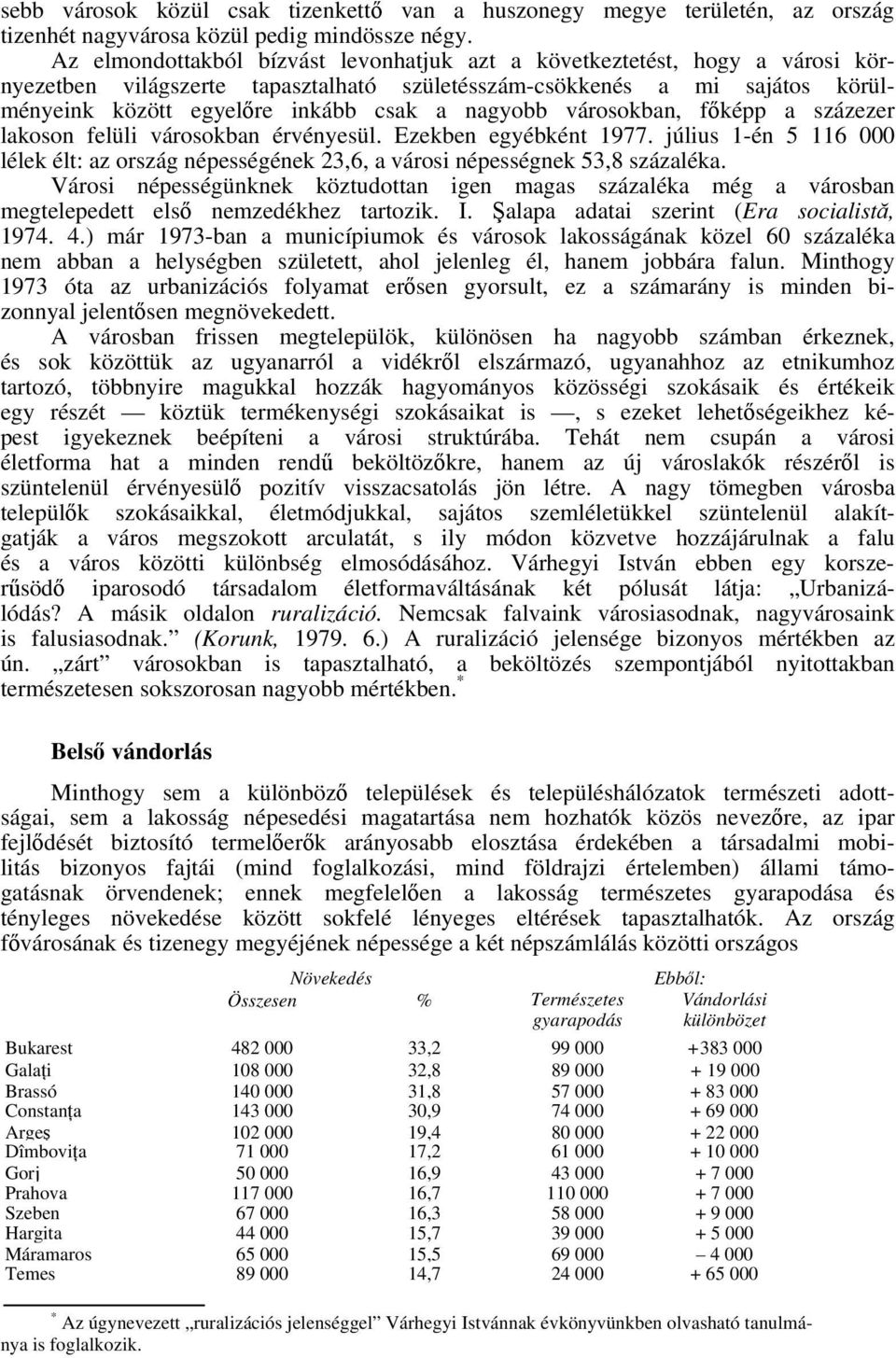 nagyobb városokban, főképp a százezer lakoson felüli városokban érvényesül. Ezekben egyébként 1977. július 1-én 5 116 000 lélek élt: az ország népességének 23,6, a városi népességnek 53,8 százaléka.