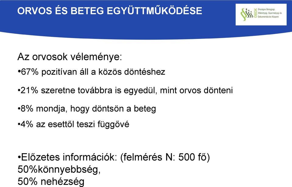 dönteni 8% mondja, hogy döntsön a beteg 4% az esettől teszi függővé