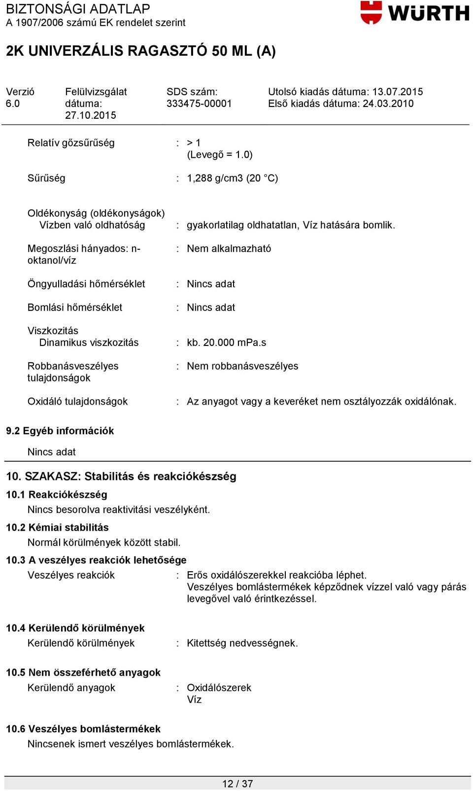 Robbanásveszélyes tulajdonságok Oxidáló tulajdonságok : gyakorlatilag oldhatatlan, Víz hatására bomlik. : Nem alkalmazható : Nincs adat : Nincs adat : kb. 20.000 mpa.