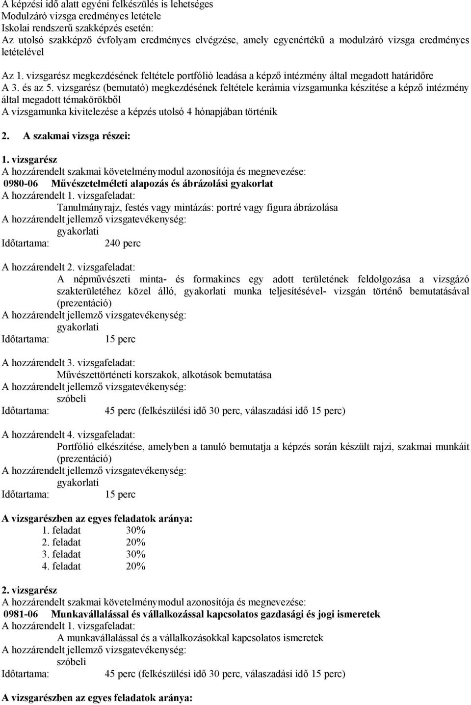 vizsgarész (bemutató) megkezdésének feltétele kerámia vizsgamunka készítése a képző intézmény által megadott témakörökből A vizsgamunka kivitelezése a képzés utolsó 4 hónapjában történik 2.