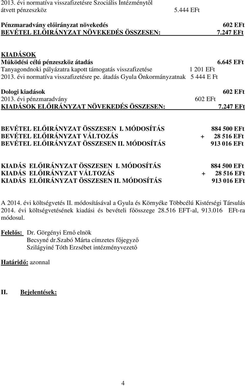 átadás Gyula Önkormányzatnak 5 444 E Ft Dologi kiadások 2013. évi pénzmaradvány 602 EFt KIADÁSOK ELŐIRÁNYZAT NÖVEKEDÉS ÖSSZESEN: 602 EFt 7.247 EFt BEVÉTEL ELŐIRÁNYZAT ÖSSZESEN I.