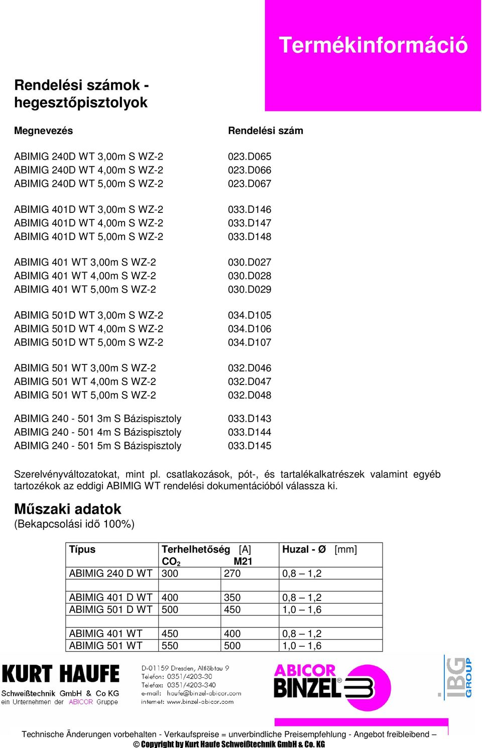 D028 ABIMIG 401 WT 5,00m S WZ-2 030.D029 ABIMIG 501D WT 3,00m S WZ-2 034.D105 ABIMIG 501D WT 4,00m S WZ-2 034.D106 ABIMIG 501D WT 5,00m S WZ-2 034.D107 ABIMIG 501 WT 3,00m S WZ-2 032.