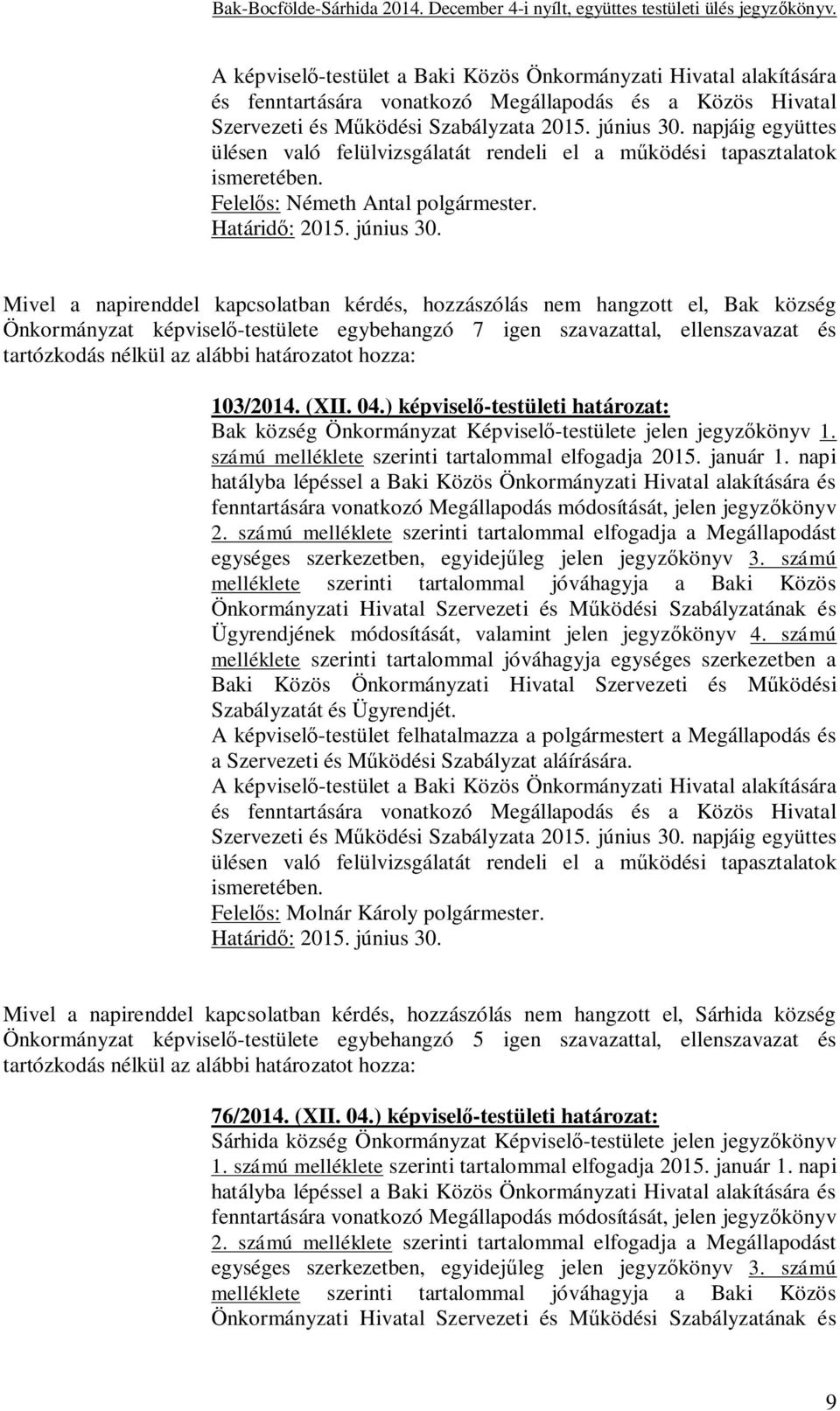 Mivel a napirenddel kapcsolatban kérdés, hozzászólás nem hangzott el, Bak község 103/2014. (XII. 04.) képvisel -testületi határozat: Bak község Önkormányzat Képvisel -testülete jelen jegyz könyv 1.