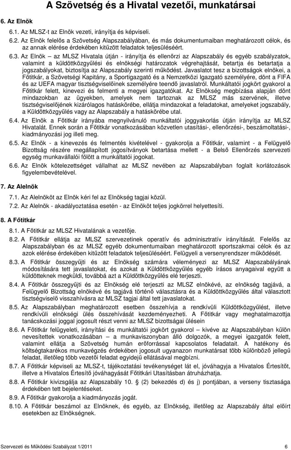 Az Elnök az MLSZ Hivatala útján - irányítja és ellenőrzi az Alapszabály és egyéb szabályzatok, valamint a küldöttközgyűlési és elnökségi határozatok végrehajtását, betartja és betartatja a