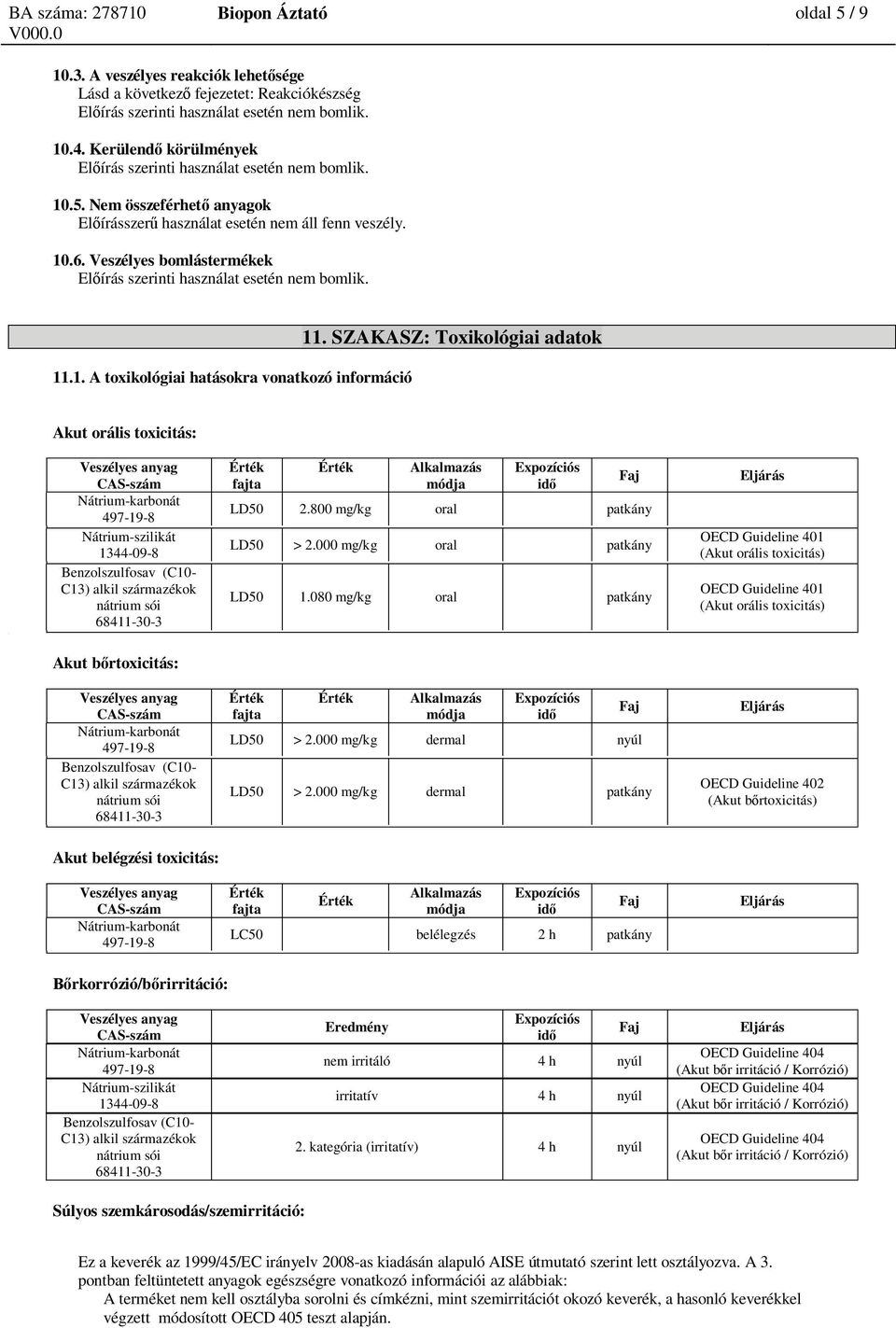 Veszélyes bomlástermékek El írás szerinti használat esetén nem bomlik. 11.1. A toxikológiai hatásokra vonatkozó információ 11.