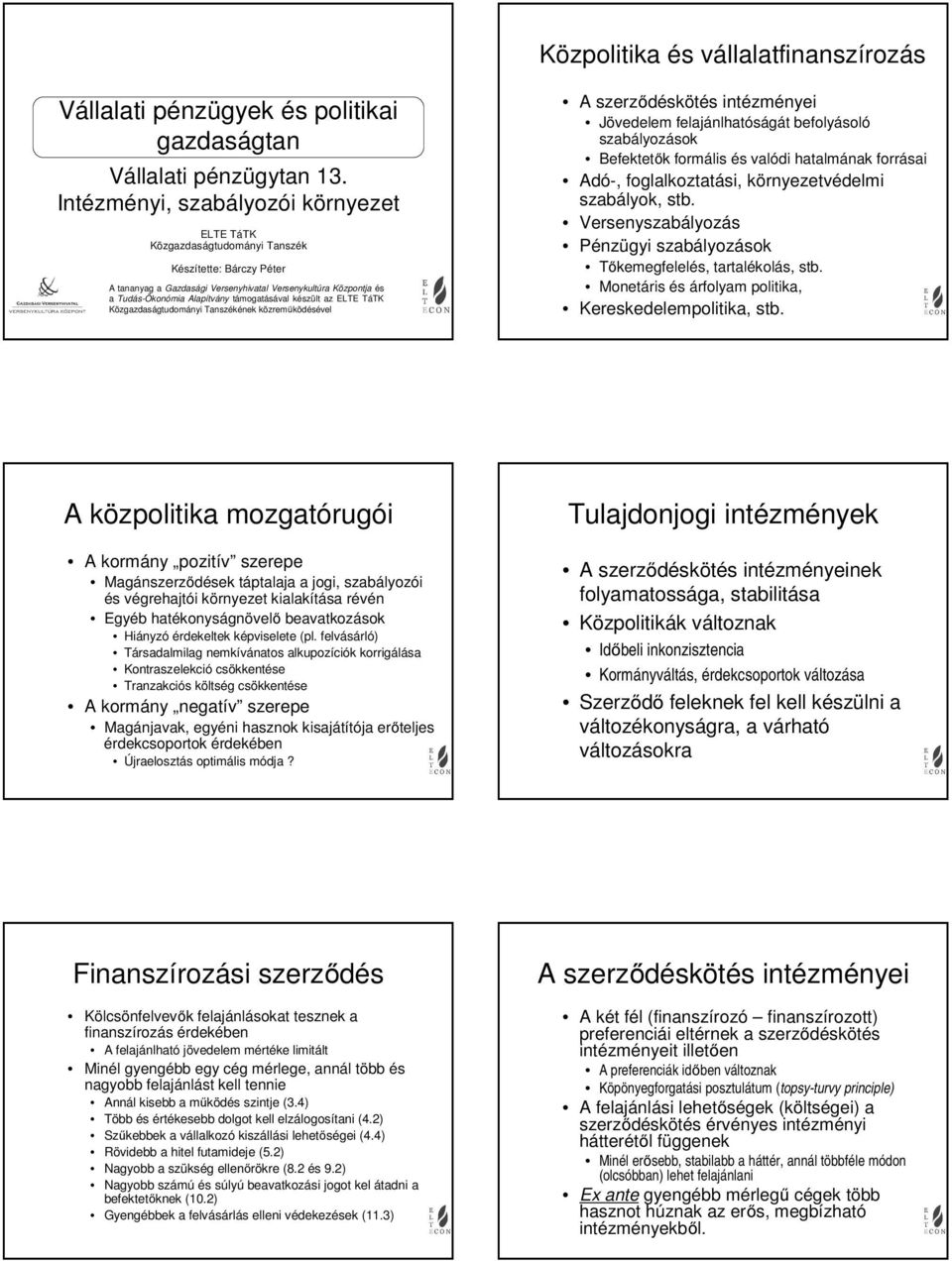 támogatásával készült az ETE TáTK Közgazdaságtudományi Tanszékének közreműködésével A szerződéskötés intézményei Jövedelem felajánlhatóságát efolyásoló szaályozások Befektetők formális és valódi