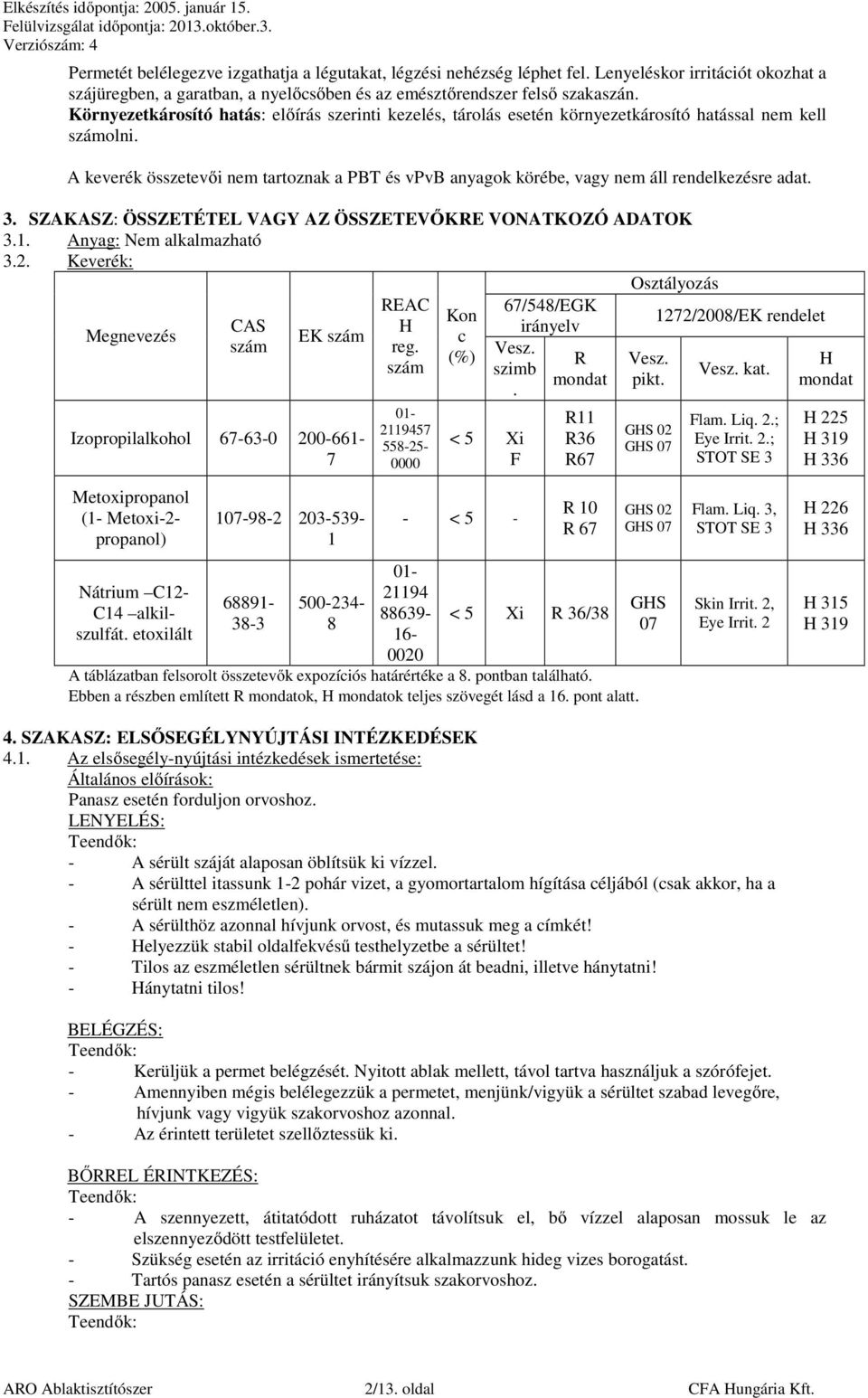 A keverék összetevői nem tartoznak a PBT és vpvb anyagok körébe, vagy nem áll rendelkezésre adat. 3. SZAKASZ: ÖSSZETÉTEL VAGY AZ ÖSSZETEVŐKRE VONATKOZÓ ADATOK 3.1. Anyag: Nem alkalmazható 3.2.