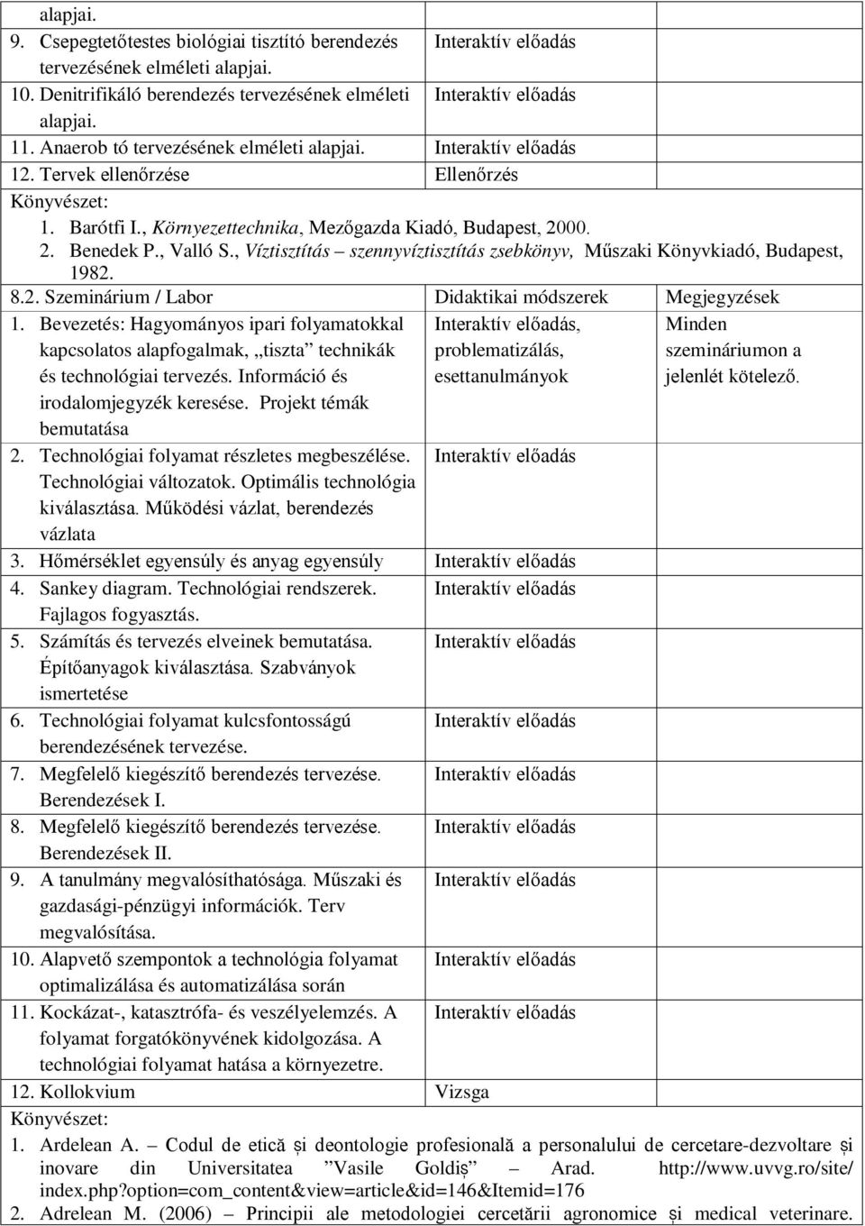 , Víztisztítás szennyvíztisztítás zsebkönyv, Műszaki Könyvkiadó, Budapest, 1982. 8.2. Szeminárium / Labor Didaktikai módszerek Megjegyzések 1.