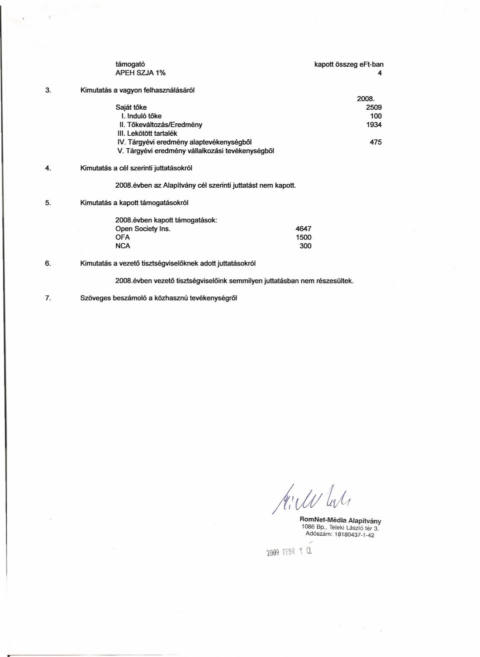 évben az Alapitvány cél szerinti juttatást nem kapott. 5. Kimutatás a kapott támogatásokról 2008.évben kapott támogatások: pen Society Ins. FA NeA 4647 1500. 300 6.