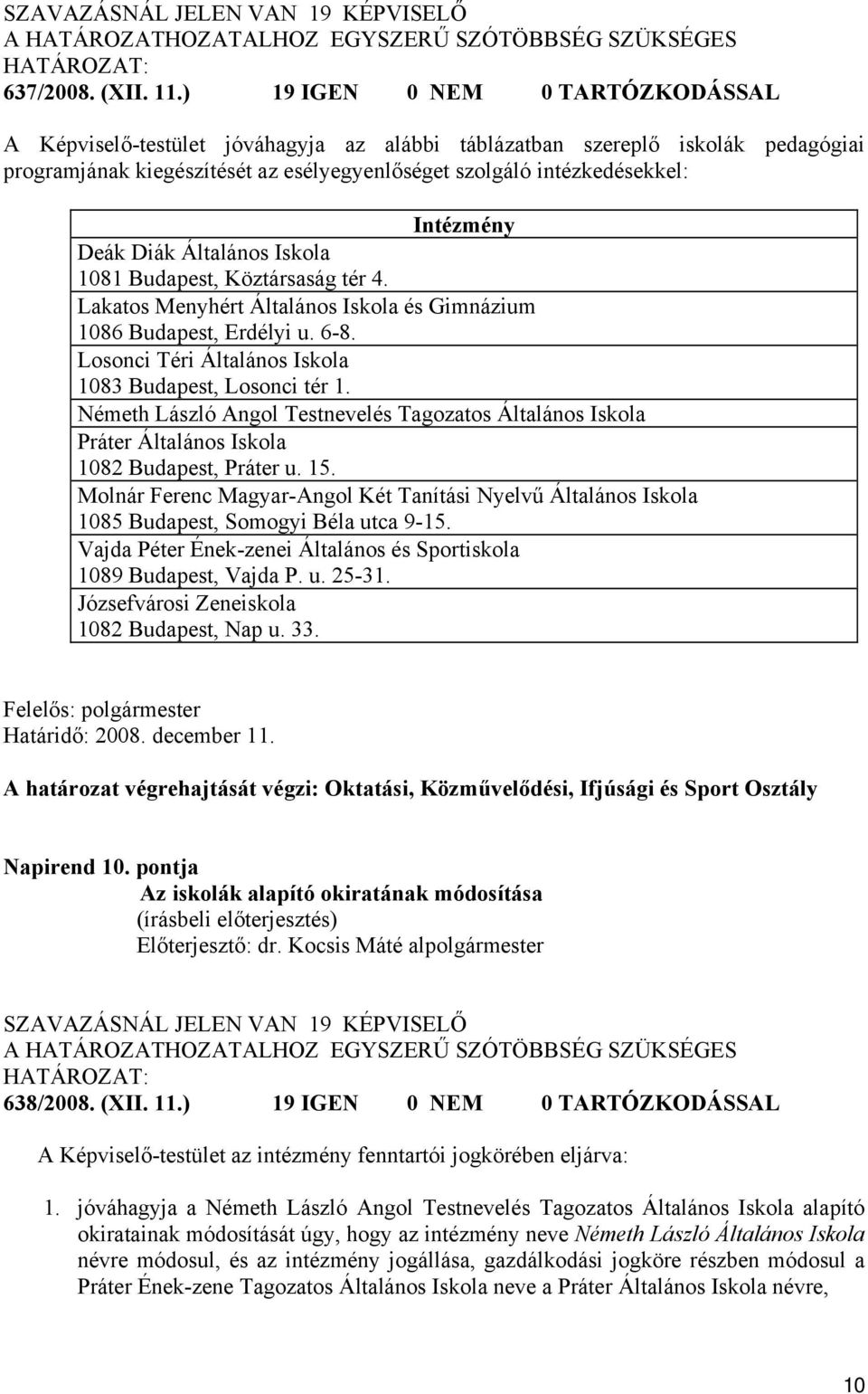 Deák Diák Általános Iskola 1081 Budapest, Köztársaság tér 4. Lakatos Menyhért Általános Iskola és Gimnázium 1086 Budapest, Erdélyi u. 6-8. Losonci Téri Általános Iskola 1083 Budapest, Losonci tér 1.