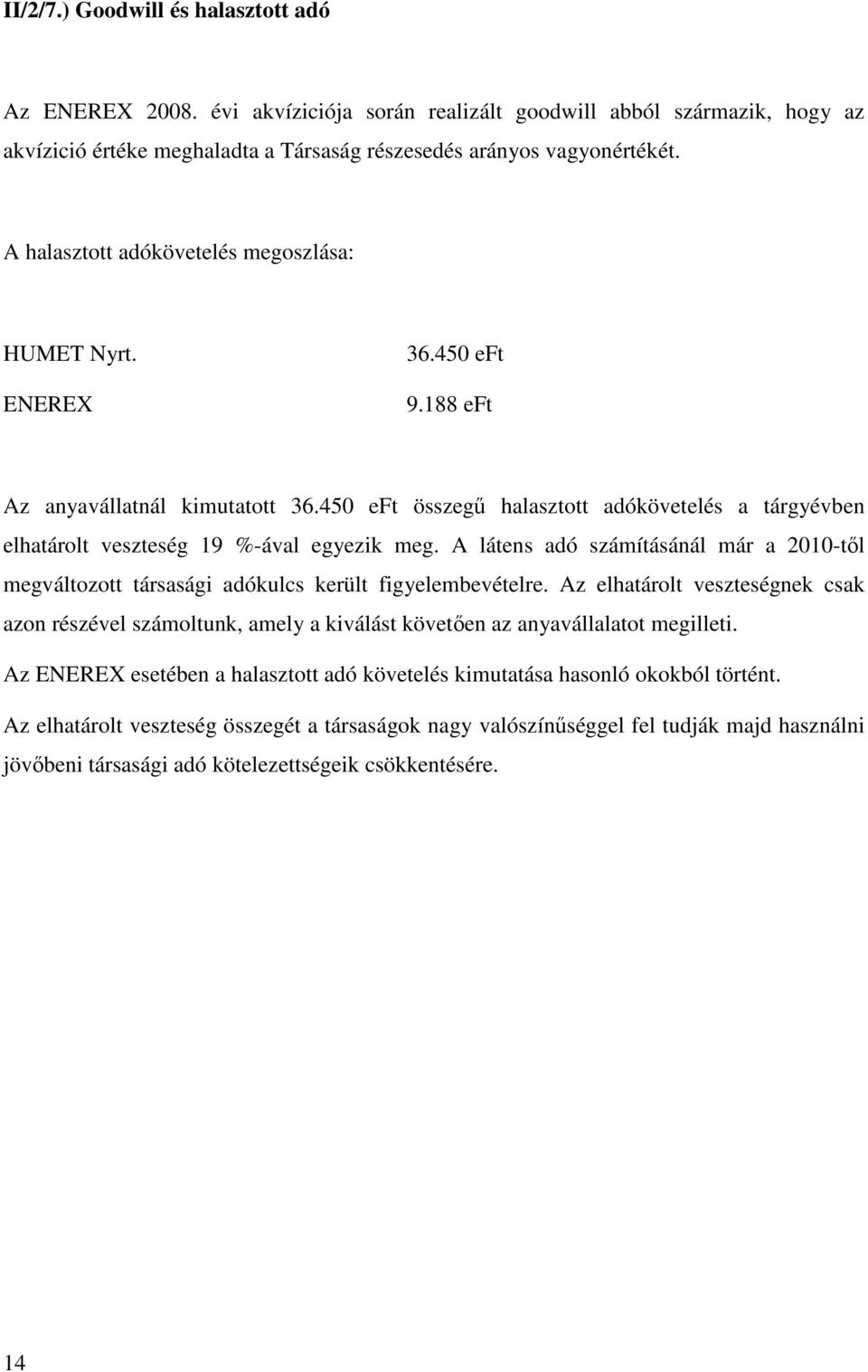 450 eft összegű halasztott adókövetelés a tárgyévben elhatárolt veszteség 19 %-ával egyezik meg. A látens adó számításánál már a 2010-től megváltozott társasági adókulcs került figyelembevételre.