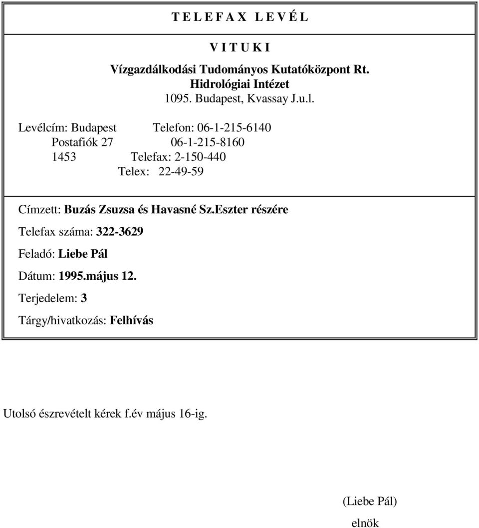 Levélcím: Budapest Telefon: 06-1-215-6140 Postafiók 27 06-1-215-8160 1453 Telefax: 2-150-440 Telex: 22-49-59