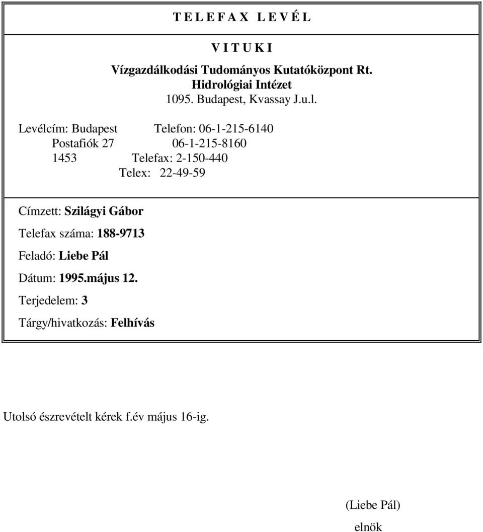 Levélcím: Budapest Telefon: 06-1-215-6140 Postafiók 27 06-1-215-8160 1453 Telefax: 2-150-440 Telex: