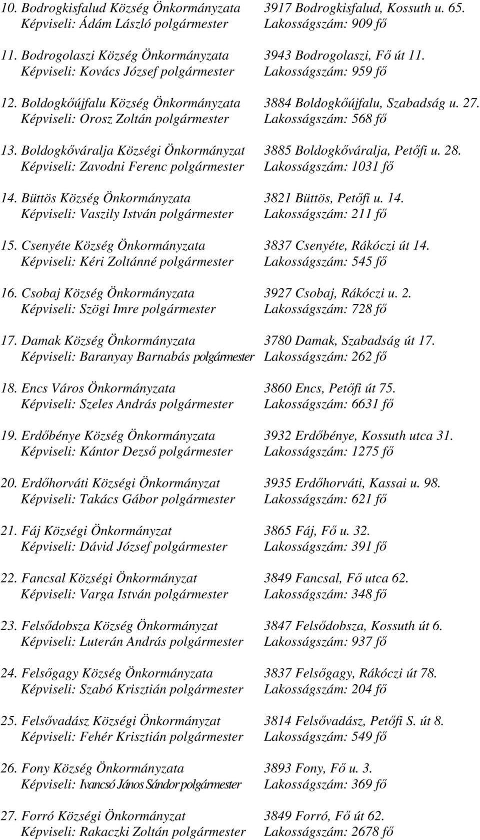 Boldogkőváralja Községi Önkormányzat 3885 Boldogkőváralja, Petőfi u. 28. Képviseli: Zavodni Ferenc polgármester Lakosságszám: 1031 fő 14.