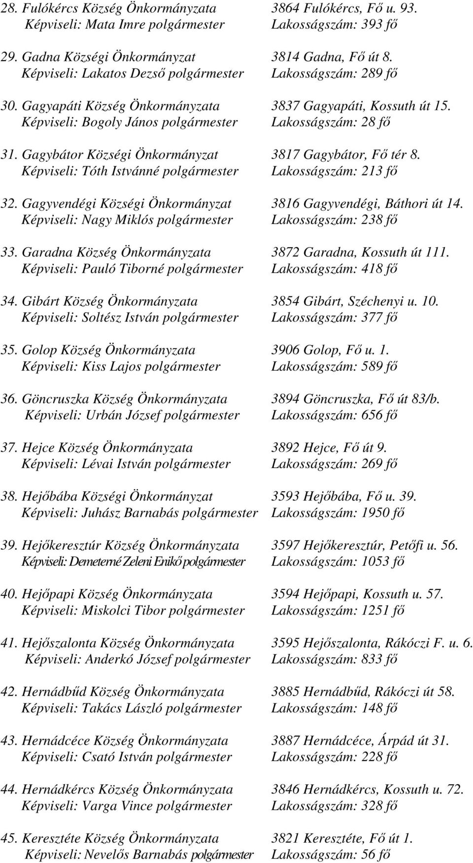 Gagybátor Községi Önkormányzat 3817 Gagybátor, Fő tér 8. Képviseli: Tóth Istvánné polgármester Lakosságszám: 213 fő 32. Gagyvendégi Községi Önkormányzat 3816 Gagyvendégi, Báthori út 14.