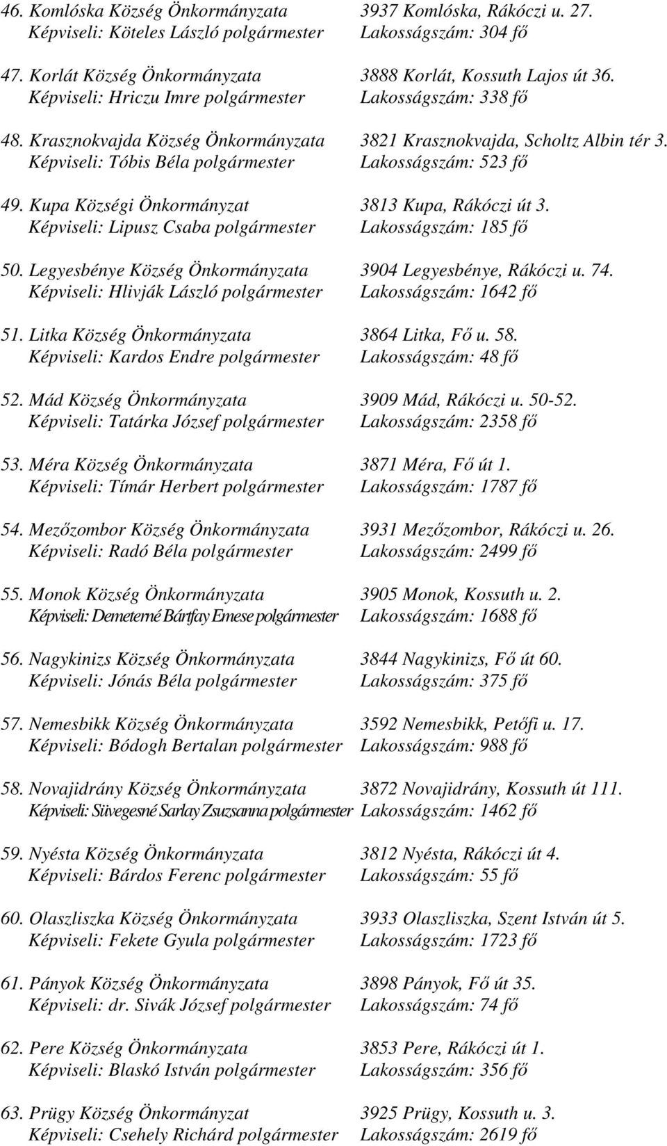 Kupa Községi Önkormányzat 3813 Kupa, Rákóczi út 3. Képviseli: Lipusz Csaba polgármester Lakosságszám: 185 fő 50. Legyesbénye Község Önkormányzata 3904 Legyesbénye, Rákóczi u. 74.