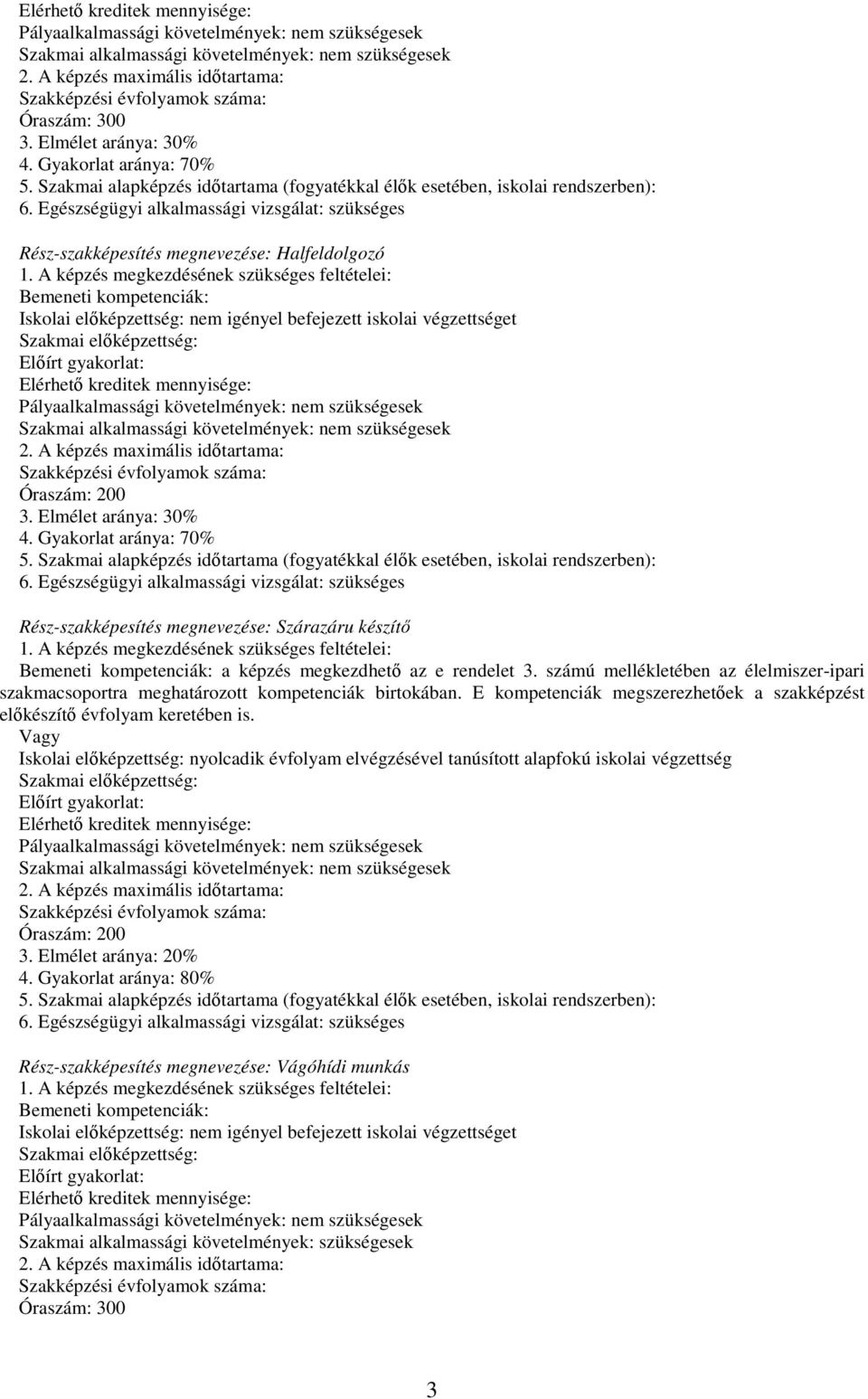 Szakmai alapképzés időtartama (fogyatékkal élők esetében, iskolai rendszerben): 6. Egészségügyi alkalmassági vizsgálat: szükséges Rész-szakképesítés megnevezése: Halfeldolgozó 1.