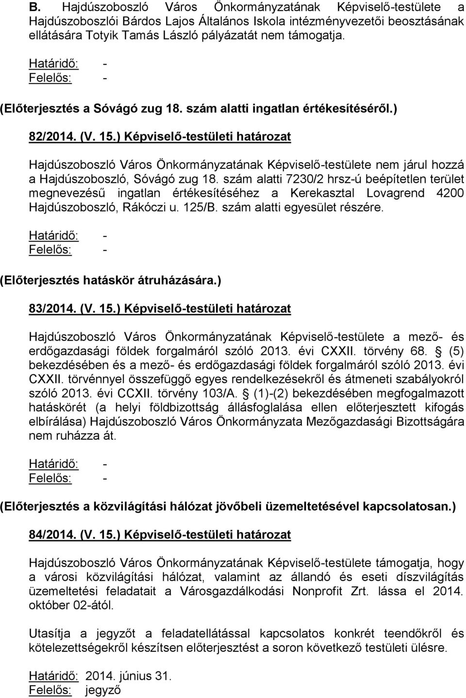 ) Képviselő-testületi határozat Hajdúszoboszló Város Önkormányzatának Képviselő-testülete nem járul hozzá a Hajdúszoboszló, Sóvágó zug 18.