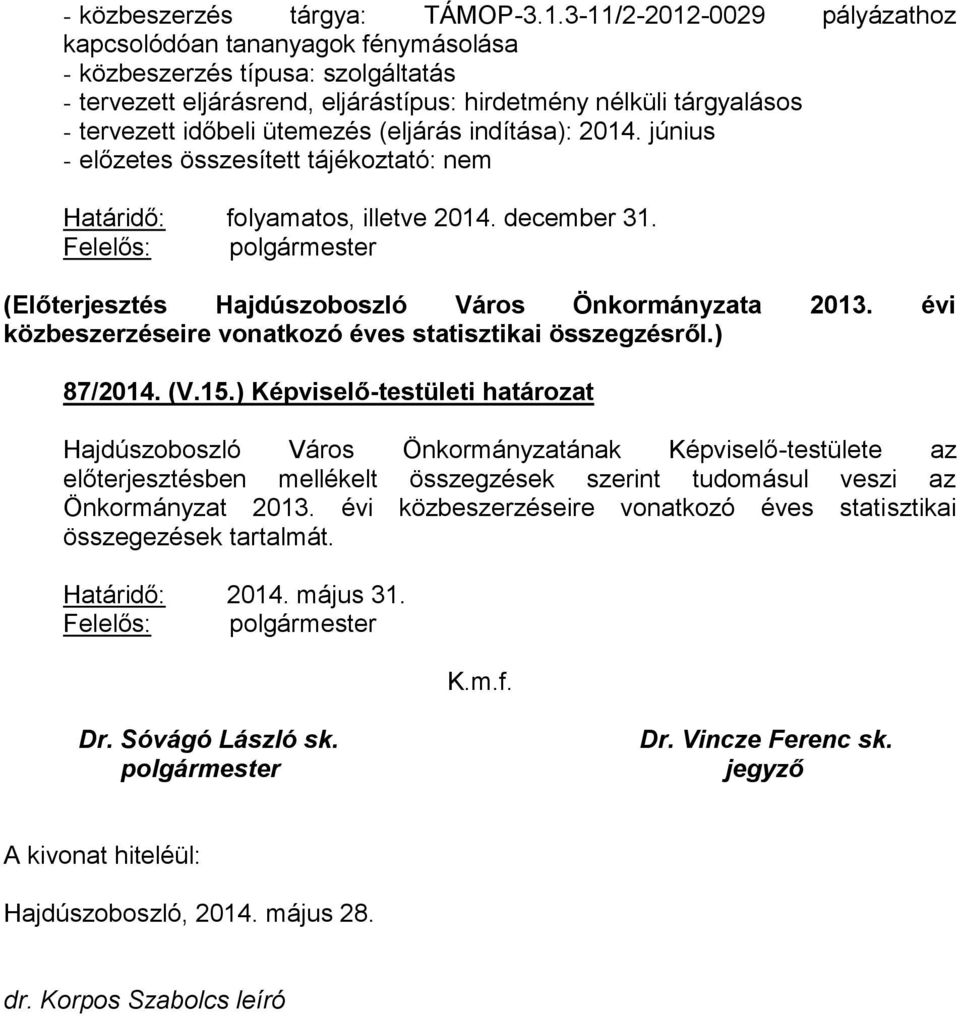 ) Képviselő-testületi határozat Hajdúszoboszló Város Önkormányzatának Képviselő-testülete az előterjesztésben mellékelt összegzések szerint tudomásul veszi az Önkormányzat 2013.