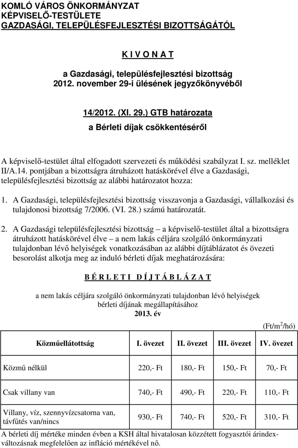 A Gazdasági, településfejlesztési bizottság visszavonja a Gazdasági, vállalkozási és tulajdonosi bizottság 7/2006. (VI. 28