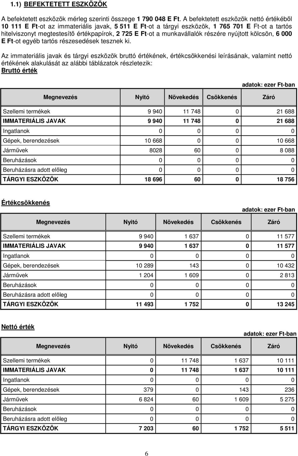 munkavállalók részére nyújtott kölcsön, 6 000 E Ft-ot egyéb tartós részesedések tesznek ki.