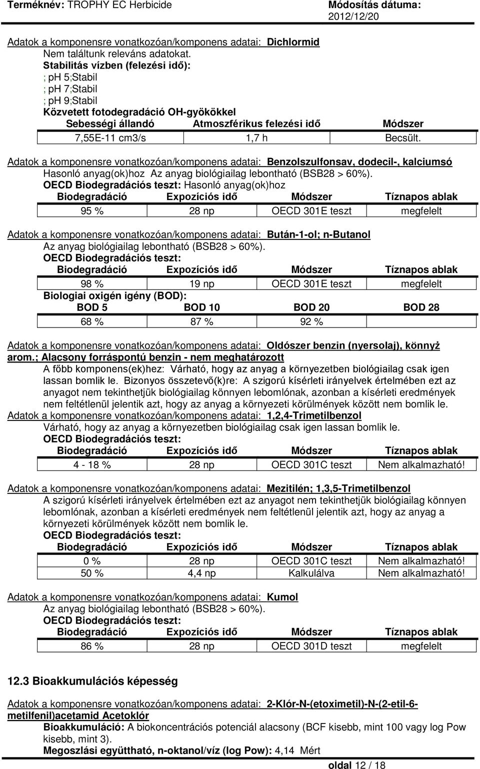 Adatok a komponensre vonatkozóan/komponens adatai: Benzolszulfonsav, dodecil-, kalciumsó Hasonló anyag(ok)hoz Az anyag biológiailag lebontható (BSB28 > 60%).