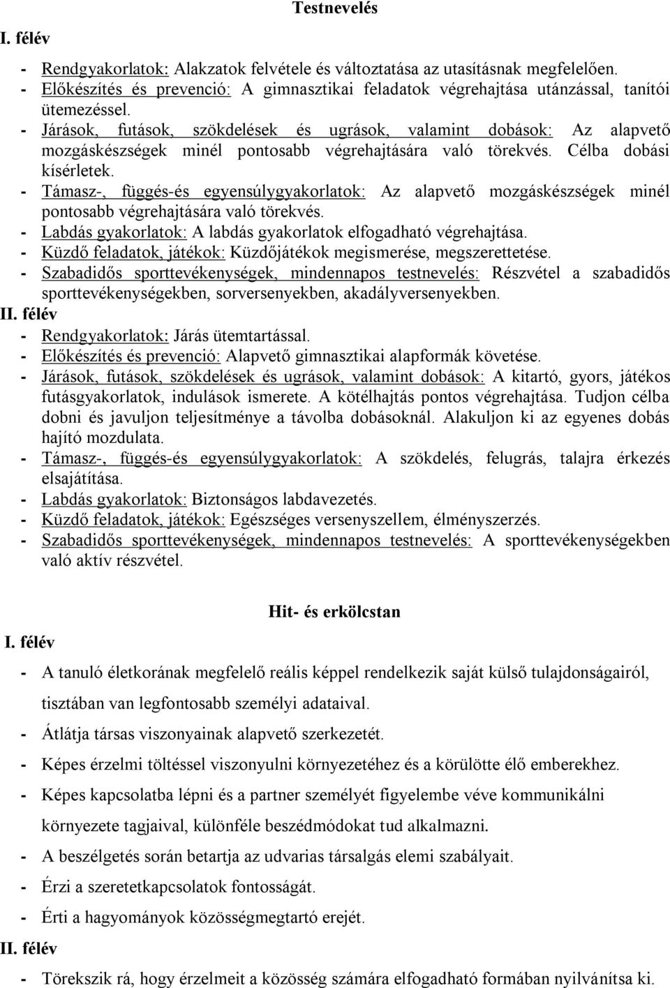 - Támasz-, függés-és egyensúlygyakorlatok: Az alapvető mozgáskészségek minél pontosabb végrehajtására való törekvés. - Labdás gyakorlatok: A labdás gyakorlatok elfogadható végrehajtása.